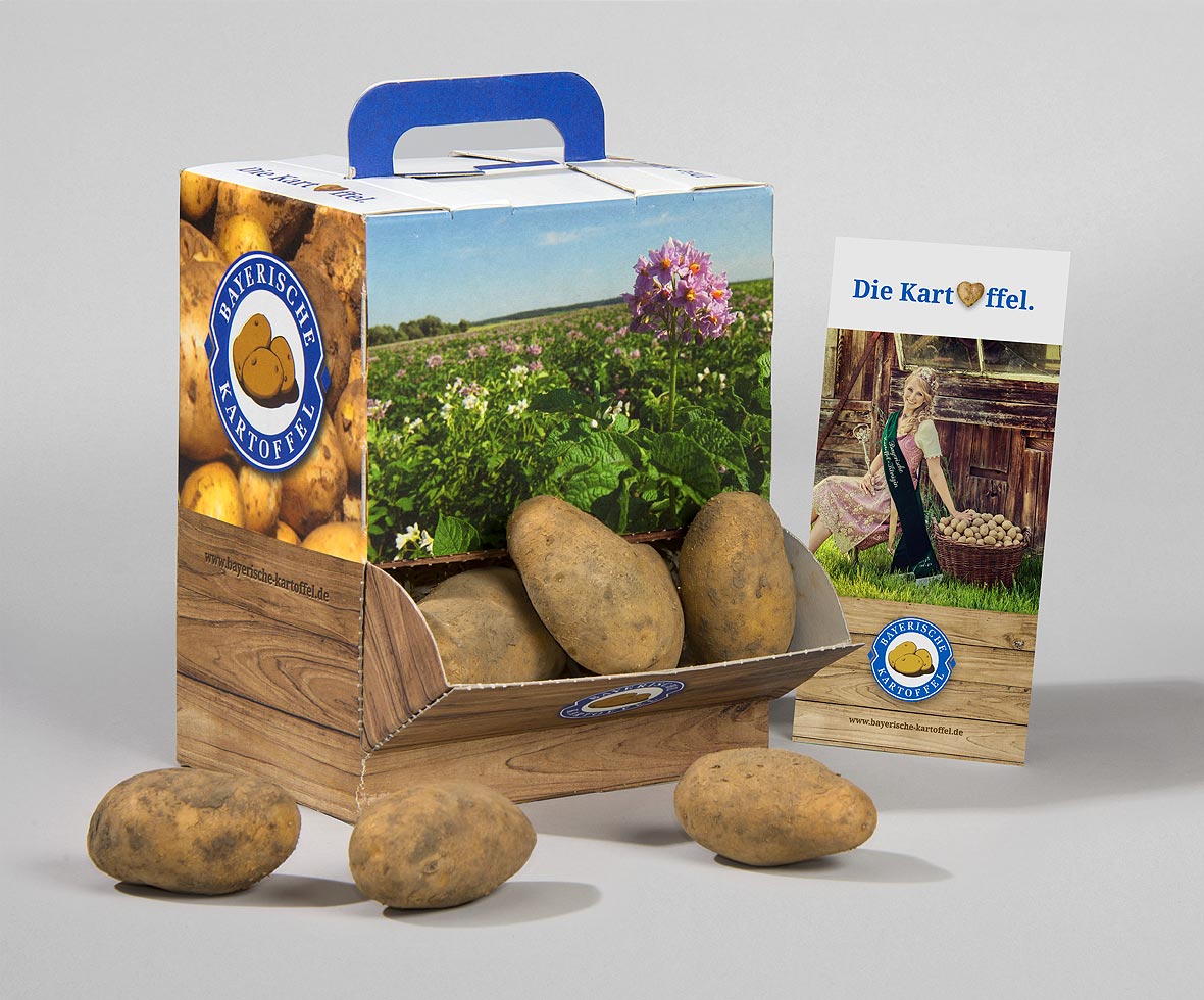 Verpackungsdesign: Kartoffelträger und Infobroschüre zur Vermarktung von landwirtschaftlichen Produkten